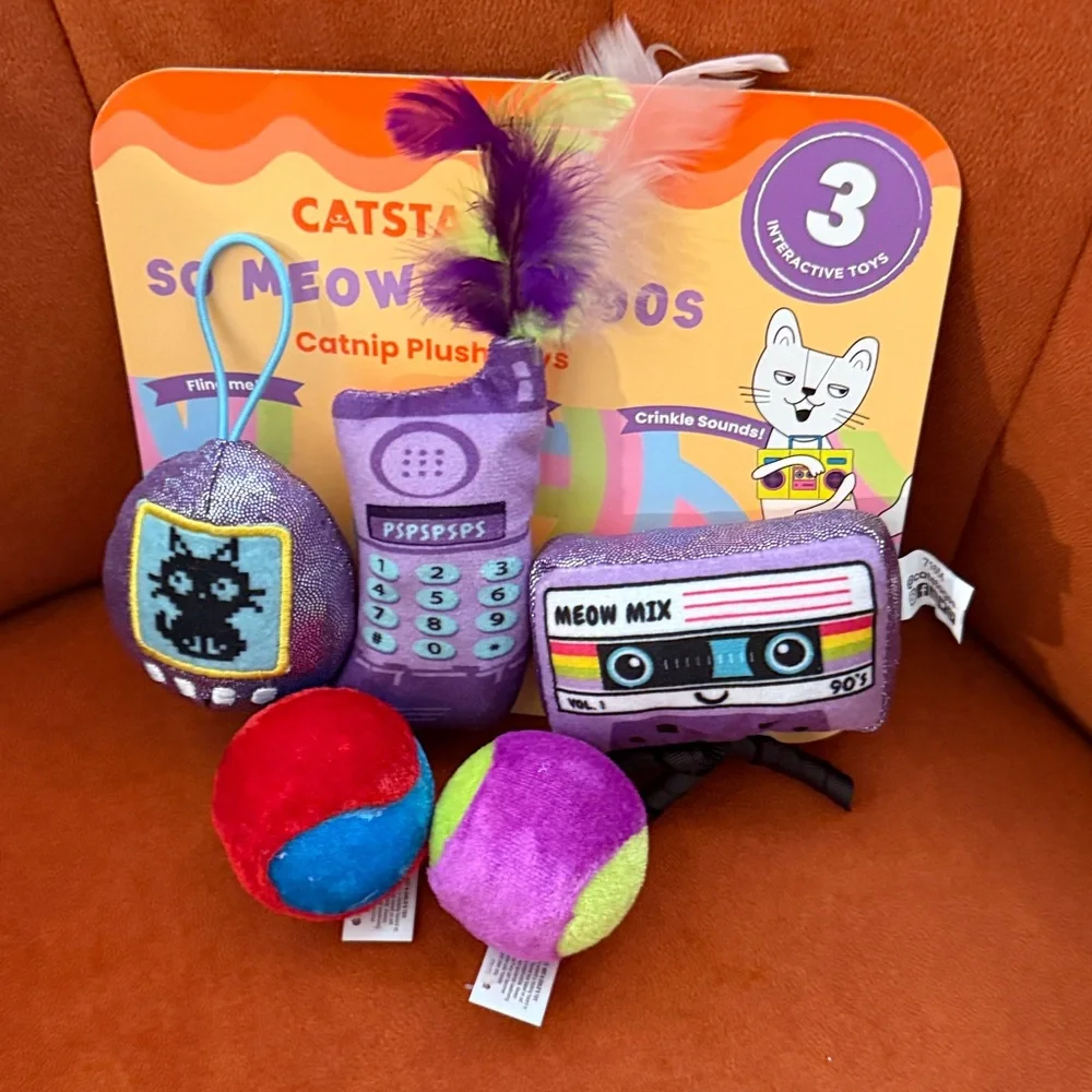 NWT 5 Fun Cat Toys: 3-pack “So Meowsome 90’s” plus 2 velvety rattle balls